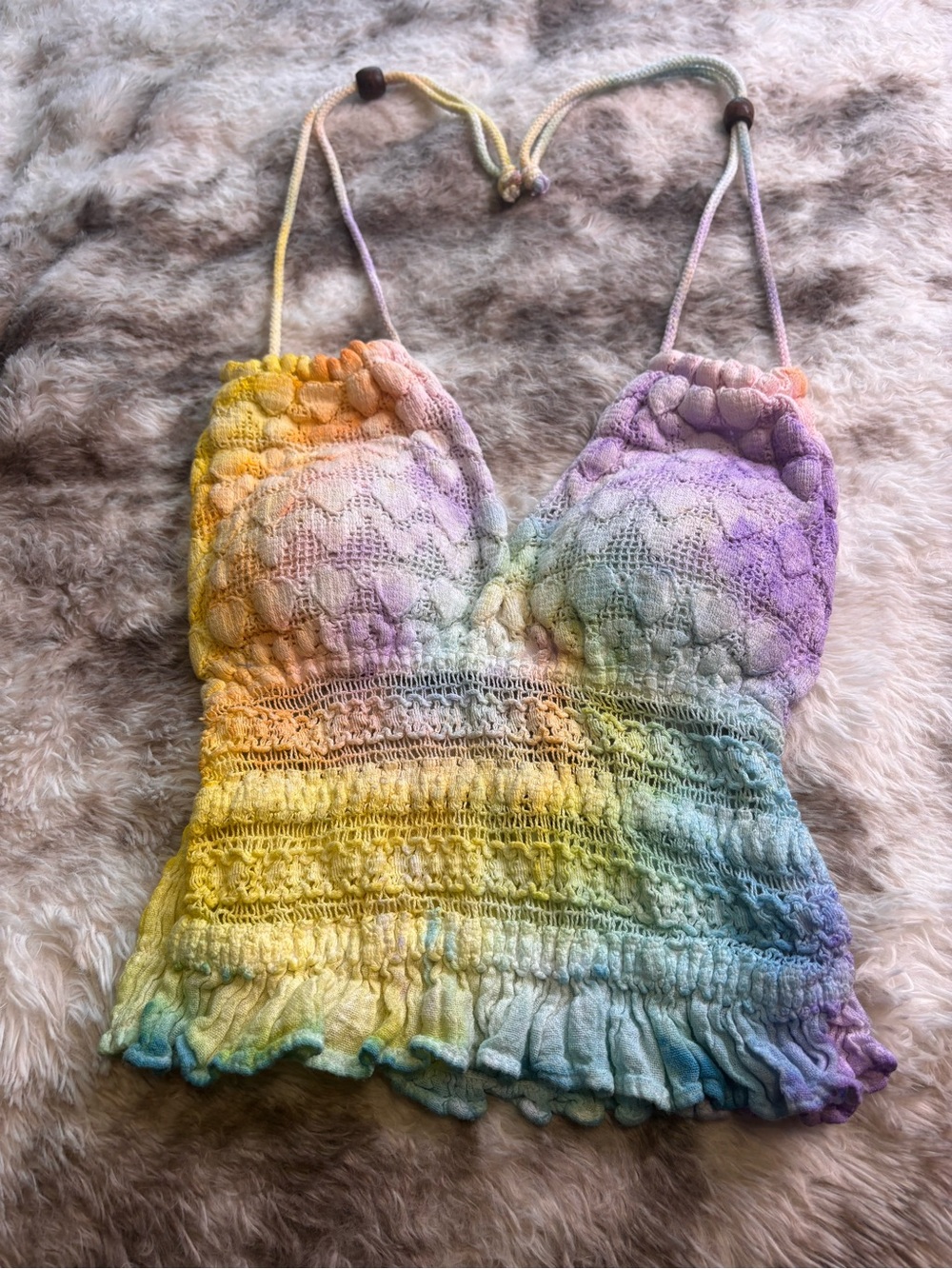 Rare Vintage Y2K surf style Pastel Rainbow Crochet Smocked Halter Tank